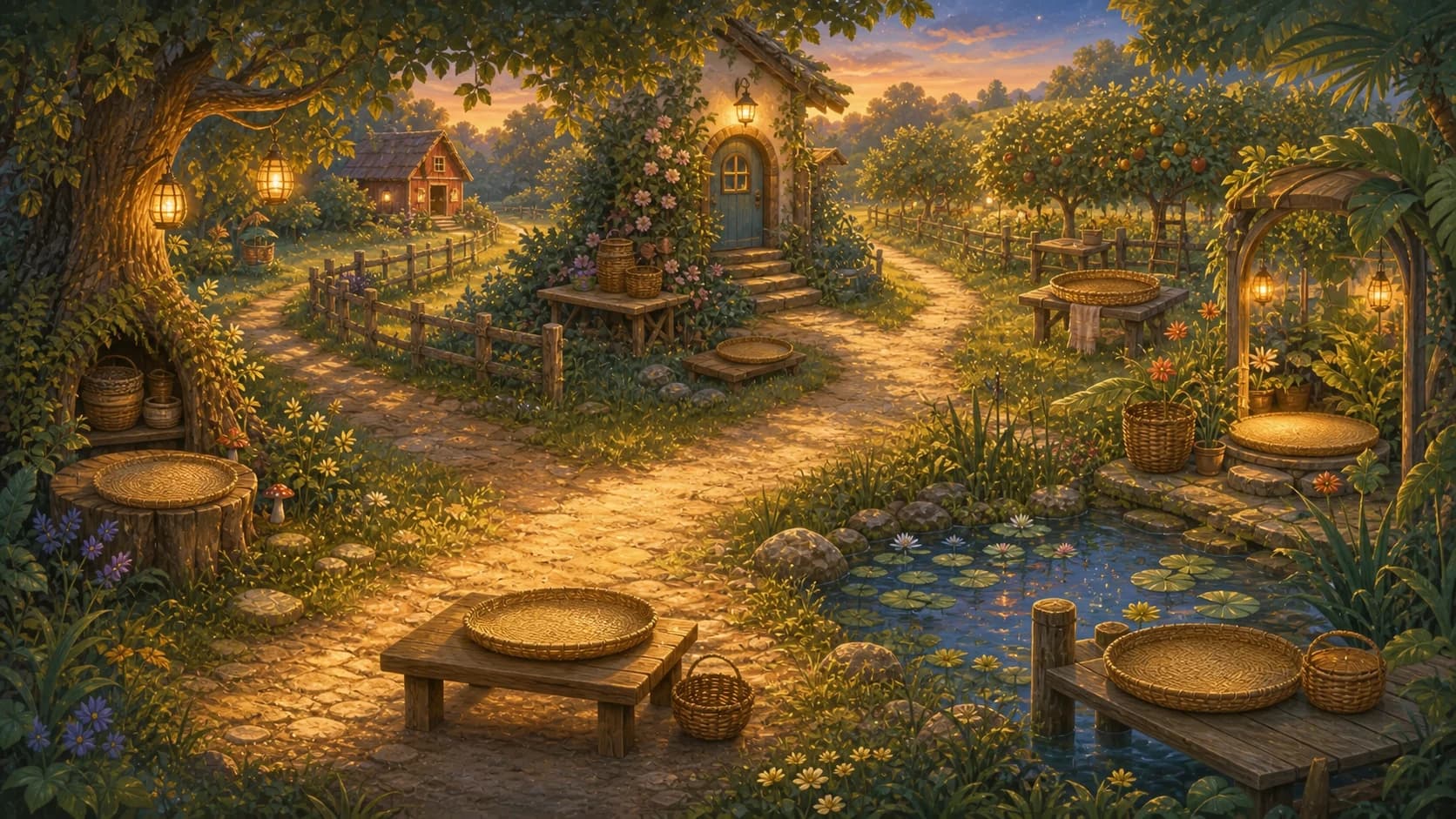 Дорога через лес, ферму, сад и пруд